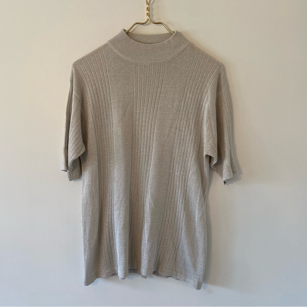 Vintage sparkly cream white silk pullover mock-neck short sleeve sweater